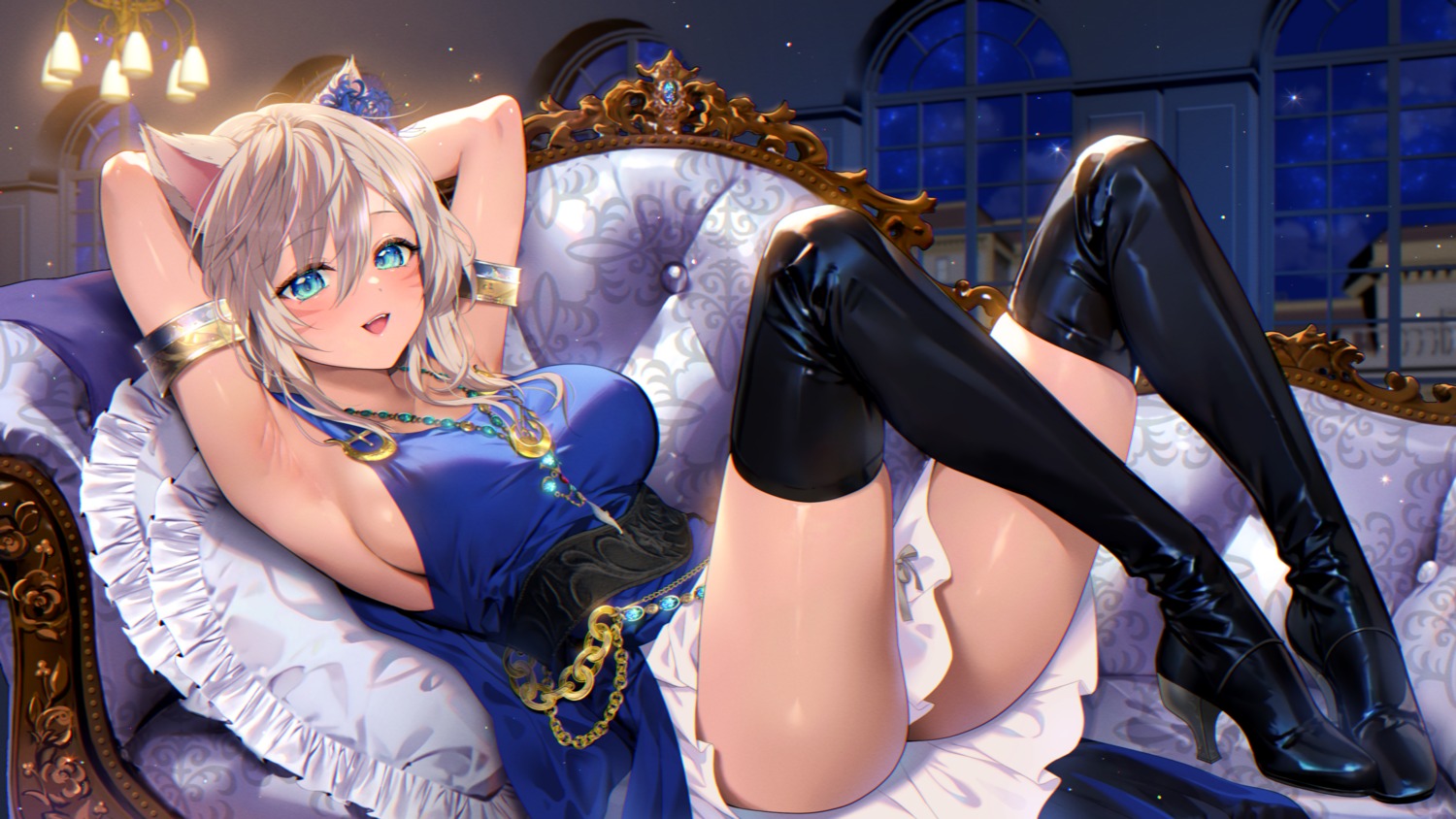 animal_ears dress final_fantasy final_fantasy_xiv heels miqo'te nekomimi no_bra sakurano_tsukasa skirt_lift thighhighs wallpaper