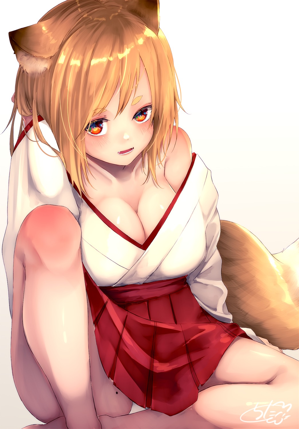 animal_ears chita_(ketchup) cleavage kitsune miko no_bra open_shirt pantsu skirt_lift tail