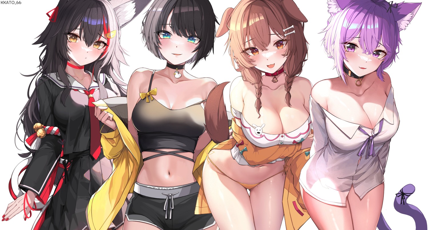 animal_ears cleavage dress_shirt hololive hololive_gamers inugami_korone inumimi kkato nekomata_okayu nekomimi no_bra ookami_mio oozora_subaru open_shirt pantsu seifuku tail undressing