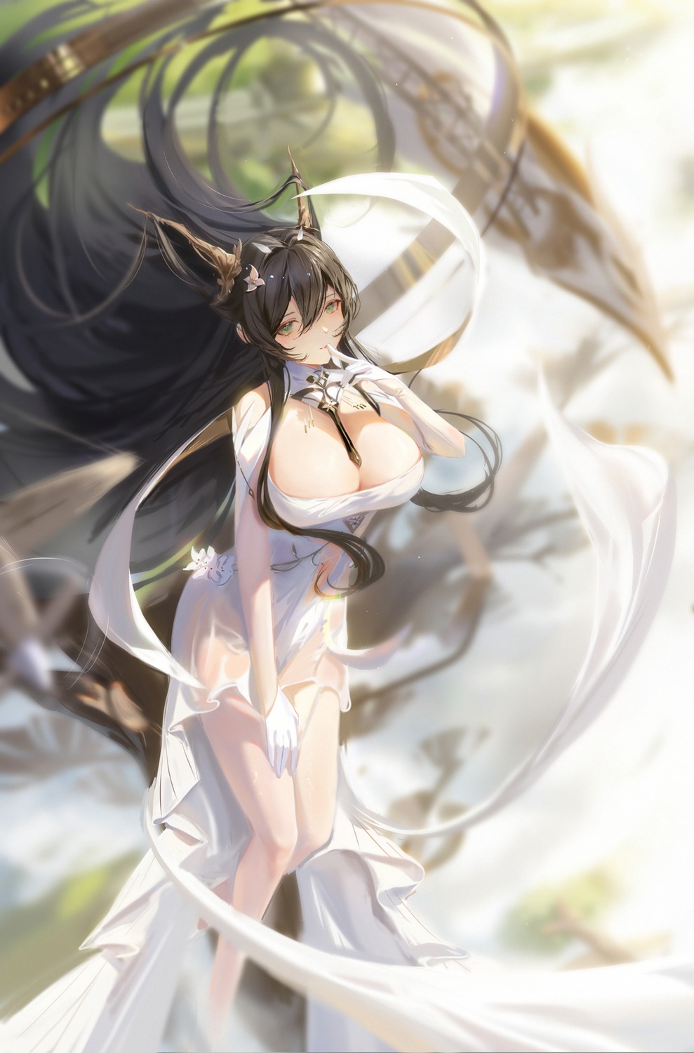 azur_lane dress horns indomitable_(azur_lane) no_bra sansan_(dongfangzhong111) see_through