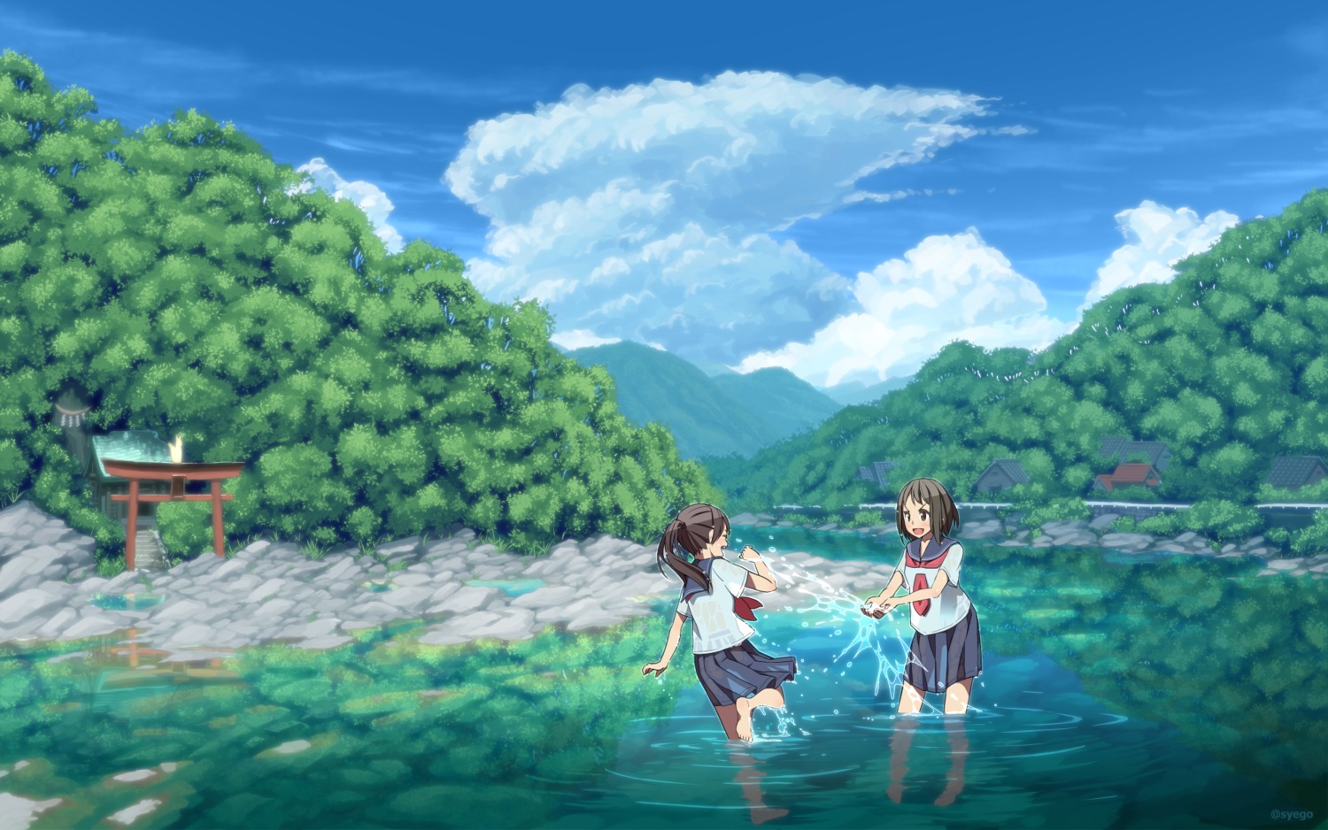 feet landscape see_through seifuku syego wallpaper wet wet_clothes