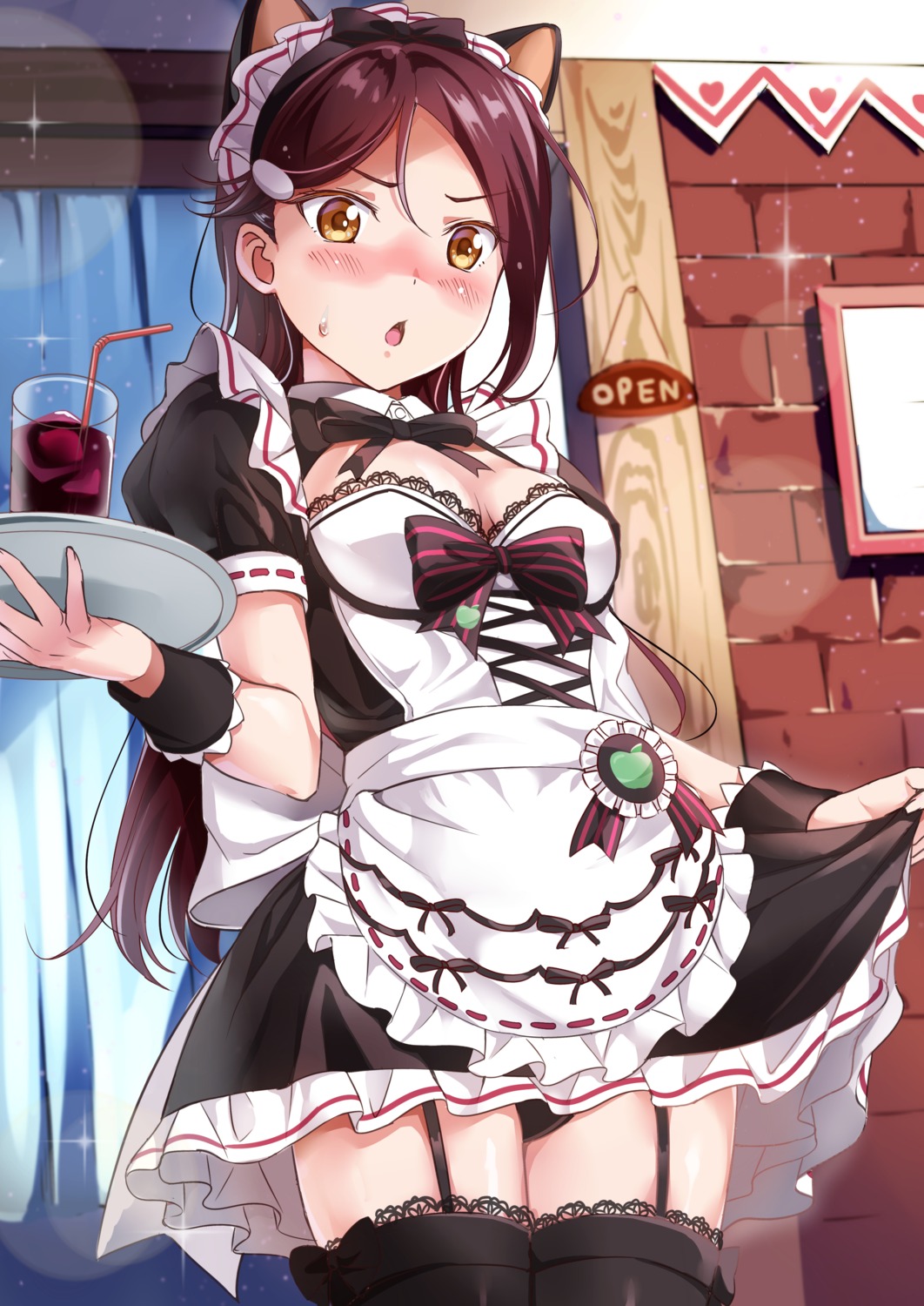 animal_ears cleavage love_live!_sunshine!! maid nekomimi pantsu sakurauchi_riko skirt_lift stockings thighhighs tipii waitress