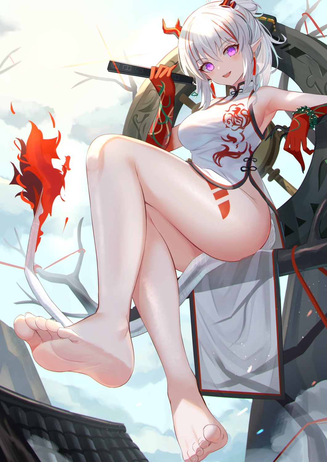 arknights artist_revision chinadress feet horns mirufuaa nian_(arknights) no_bra nopan pointy_ears see_through skirt_lift tail tattoo