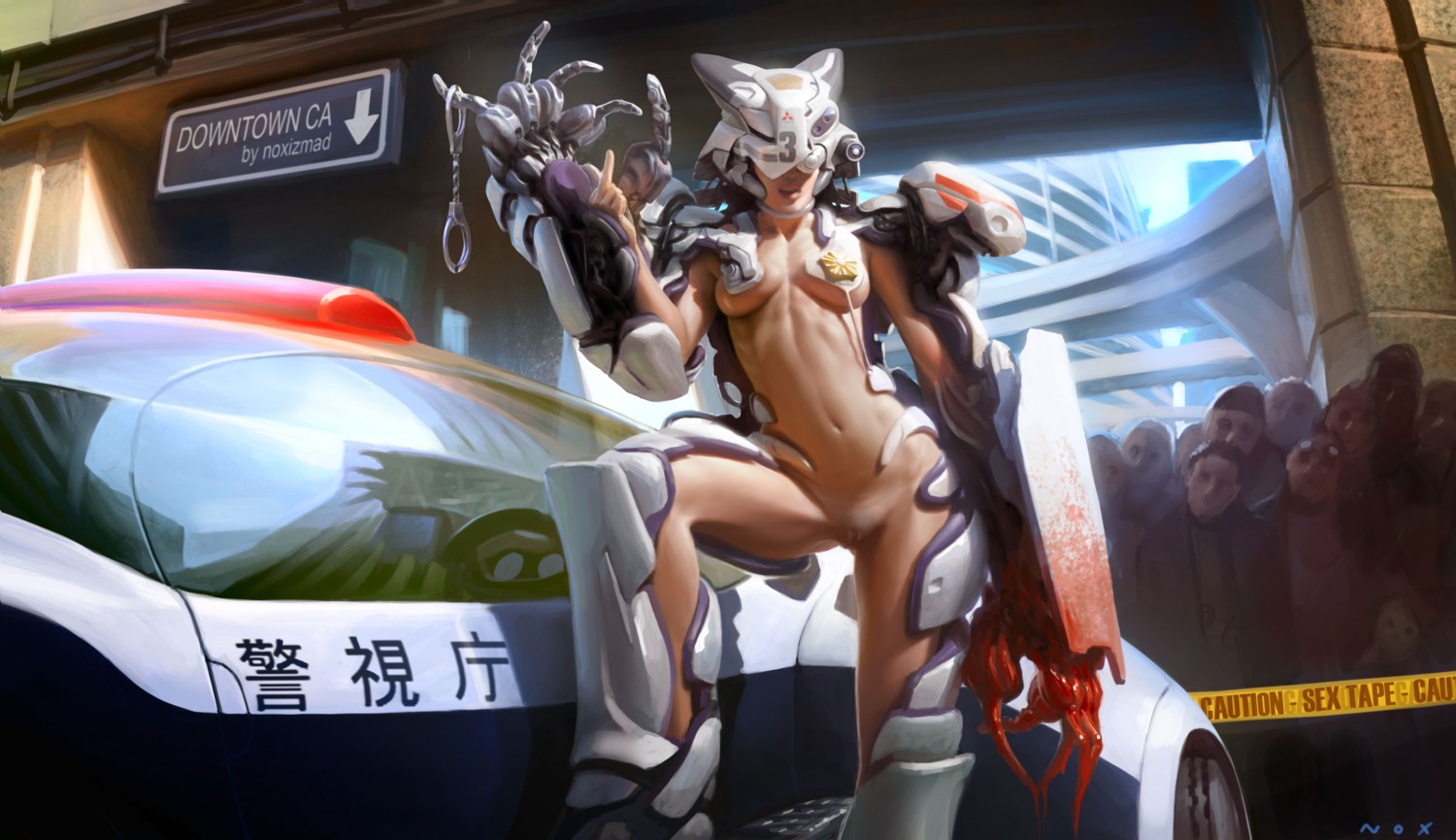 blood mecha_musume nopan noxizmad police_uniform pussy uncensored underboob