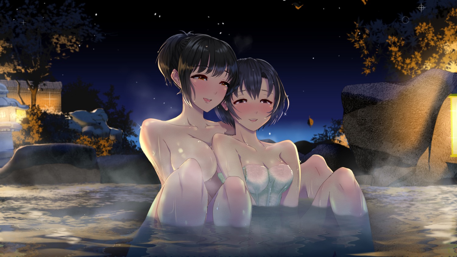 bathing monobe onsen shiragiku_hotaru takafuji_kako the_idolm@ster the_idolm@ster_cinderella_girls towel wallpaper wet yuri