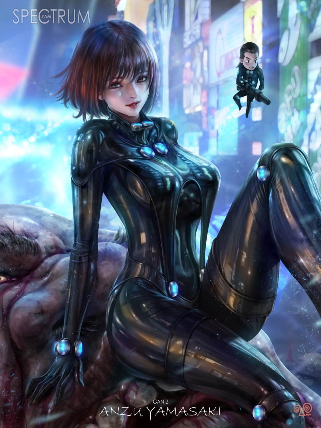 bodysuit chibi gantz garter gun masaru_kato yam_spectrum yamasaki_anzu