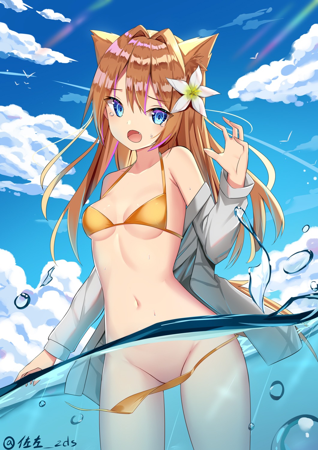 animal_ears bikini dress_shirt open_shirt panty_pull sakutaishi swimsuits wardrobe_malfunction wet