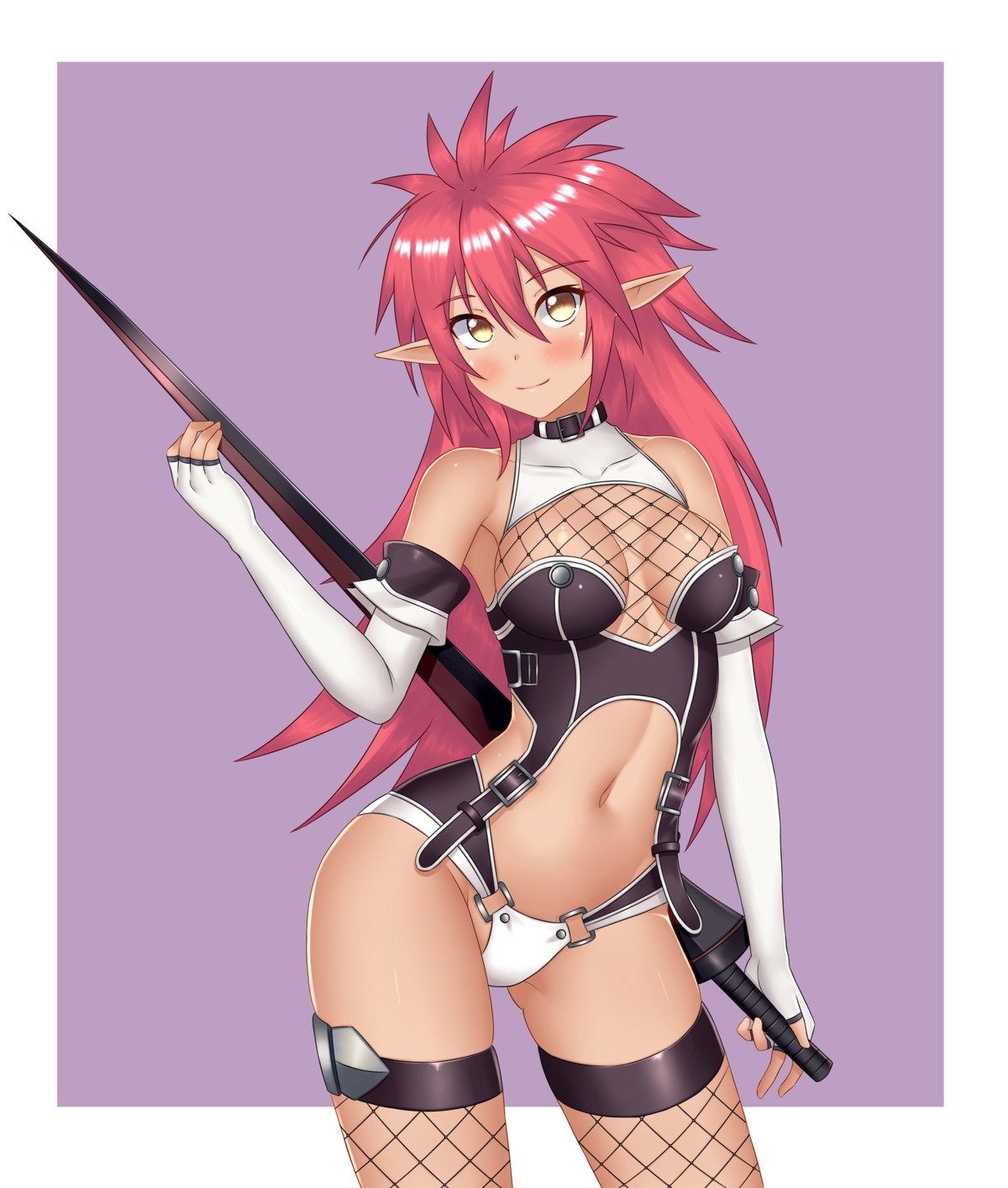 agarest_senki chechoski cleavage fishnets lavinia_(agarest_senki) pointy_ears sword thighhighs