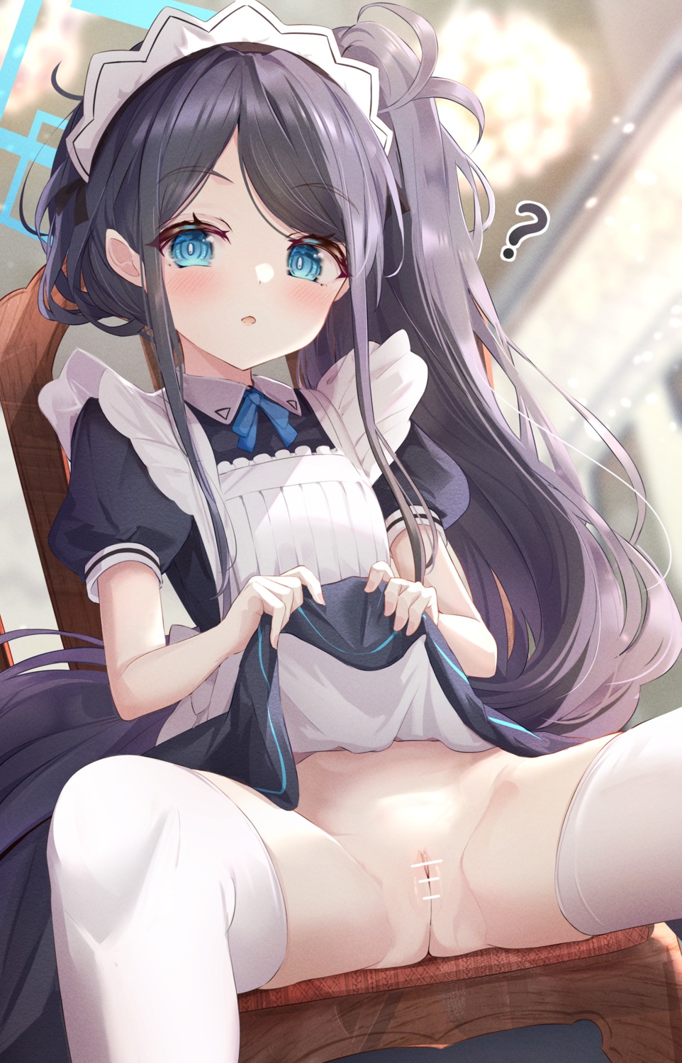 blue_archive censored flasher_(flasher_ura) halo loli maid nopan pussy skirt_lift tendou_arisu thighhighs