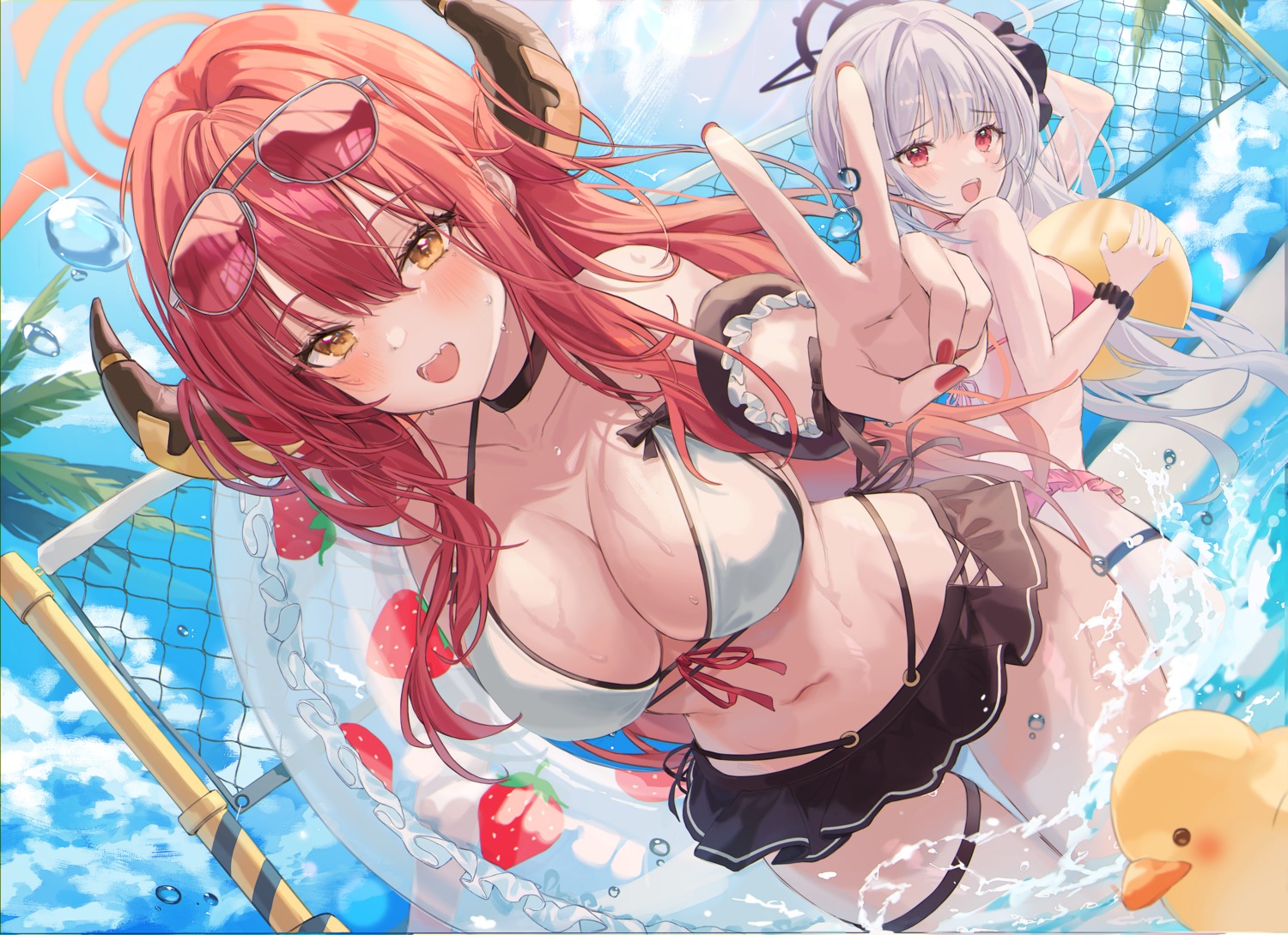 asagi_mutsuki bikini blue_archive garter halo horns lujang_(fudge) megane rikuhachima_aru see_through swimsuits wet