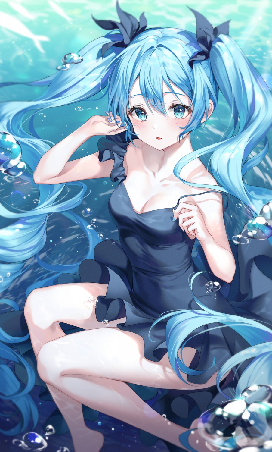 cleavage dress hatsune_miku no_bra r_o_ha shinkai_shoujo_(vocaloid) skirt_lift vocaloid