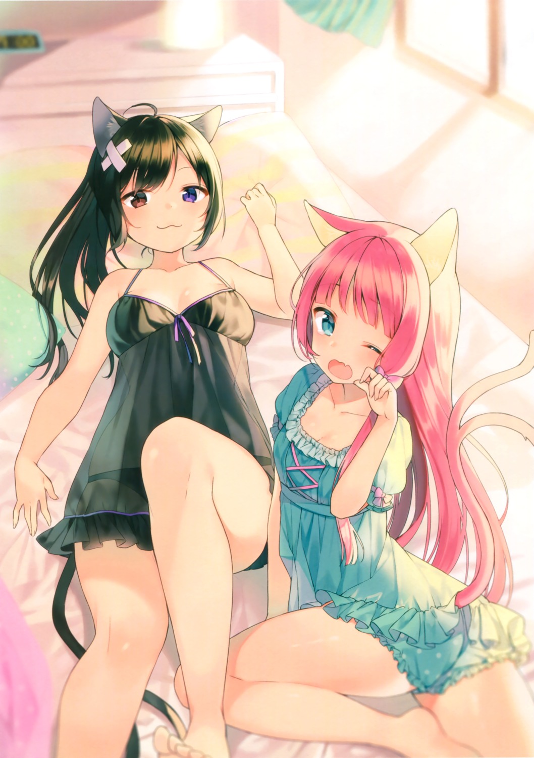 animal_ears ass cleavage dress heterochromia midorikawa_you nekomimi pantsu see_through tail