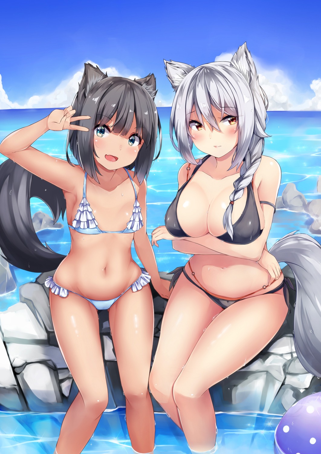 animal_ears bikini breast_hold cleavage irohasu swimsuits tail wet