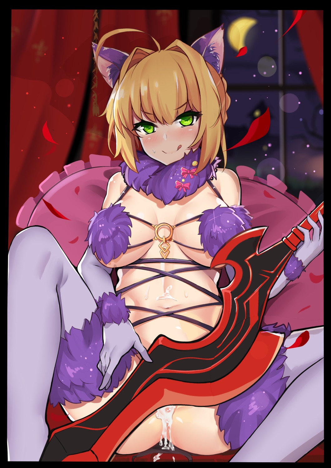 animal_ears bottomless censored cum fate/extra fate/grand_order fate/stay_night saber_extra slm sword thighhighs