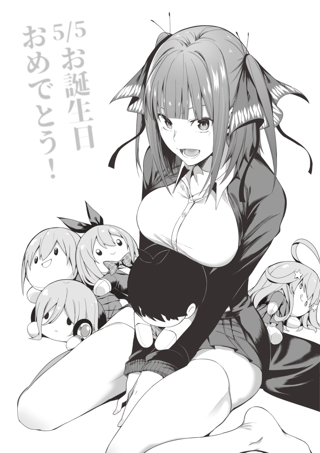 5-toubun_no_hanayome chibi chicke_iii monochrome nakano_nino seifuku sweater thighhighs