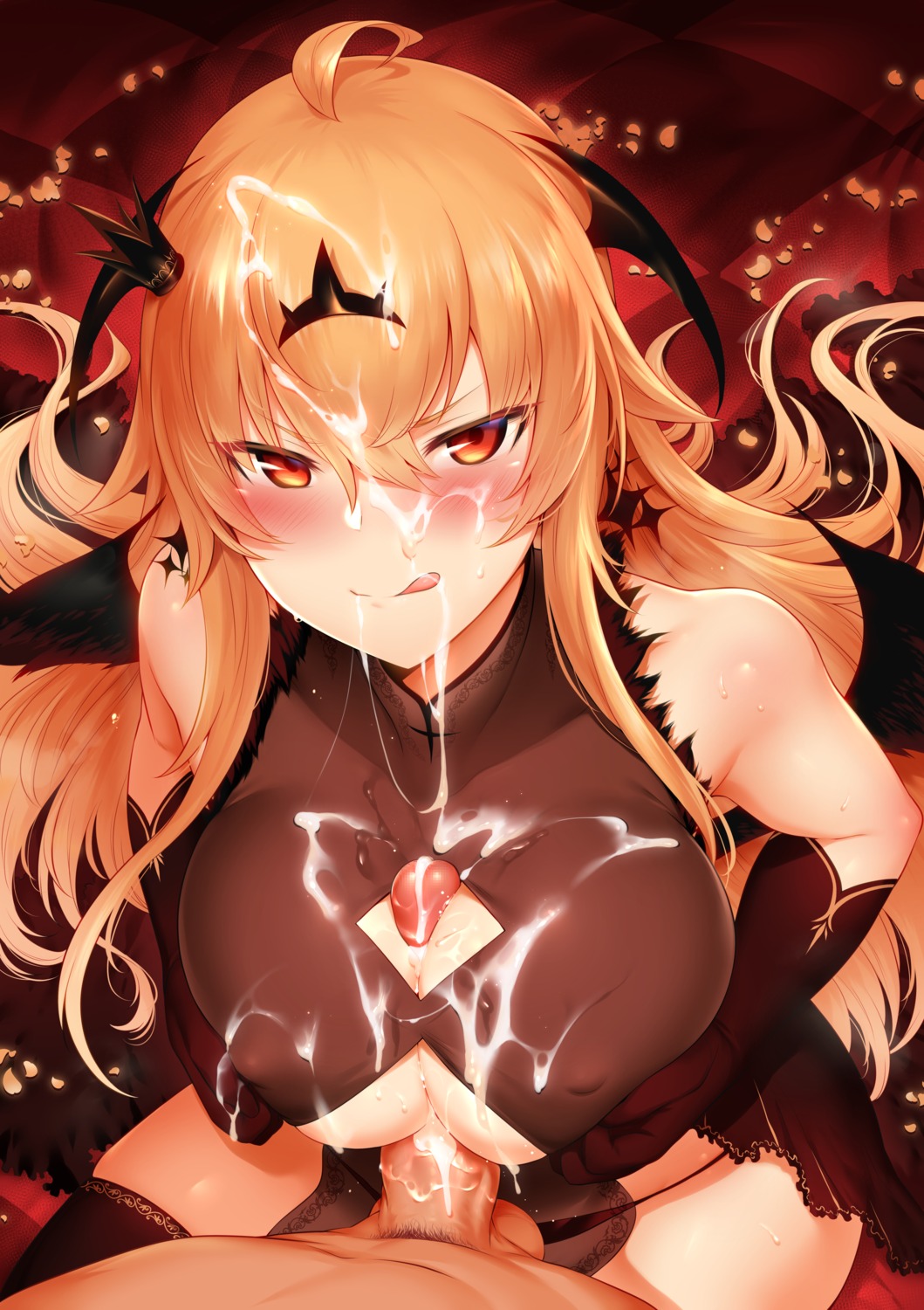 black_rock_shooter breast_hold censored chariot cleavage cum erect_nipples no_bra paizuri pantsu penis rogia see_through wings