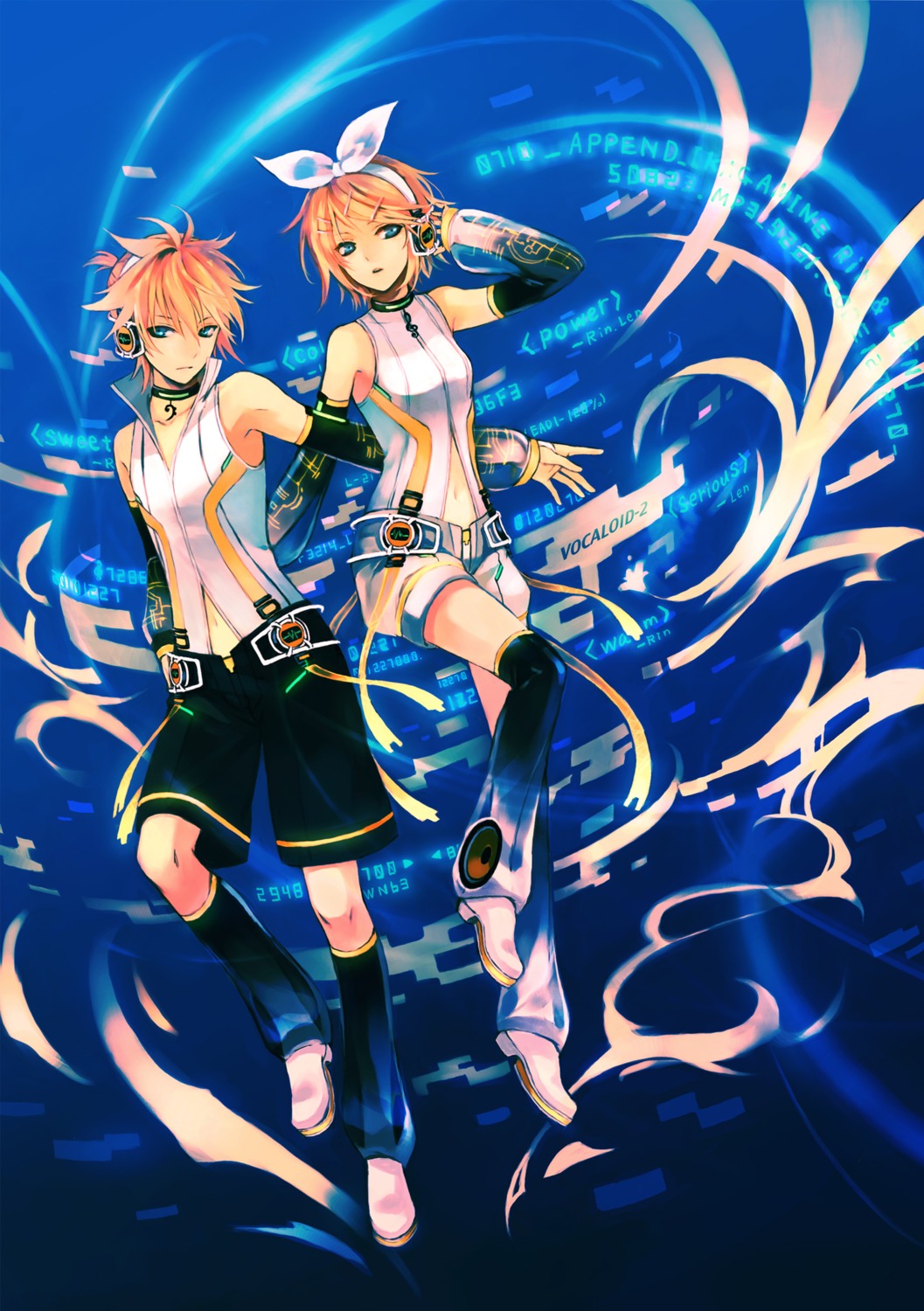 headphones kagamine_len kagamine_rin len_append mg_(3458) rin_append thighhighs vocaloid vocaloid_append