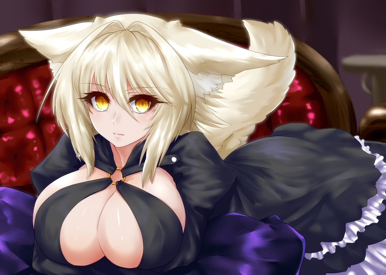 animal_ears breast_hold cleavage dress kitsune minarai_tenna nekomimi no_bra tail