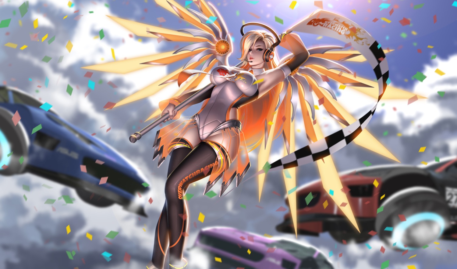 headphones leotard liang_xing mercy_(overwatch) overwatch thighhighs wings