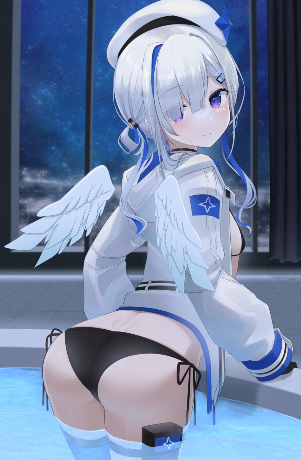 amane_kanata angel ass bikini garter hololive kachikachipiroo loli open_shirt swimsuits thighhighs thong wet wings