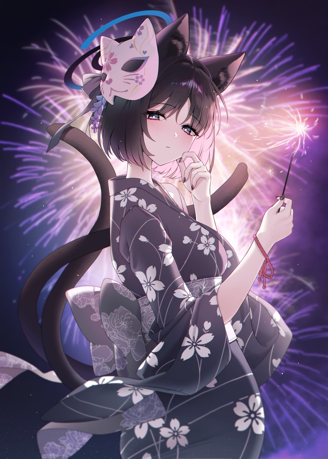 animal_ears blue_archive halo kiryuu_kikyou nekomimi raki_kr tail yukata