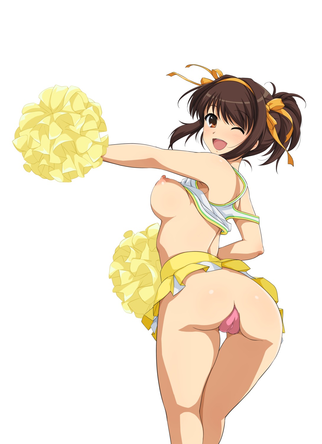 ass breasts cameltoe cheerleader haruhisky maebari nipples no_bra nopan shirt_lift suzumiya_haruhi suzumiya_haruhi_no_yuuutsu