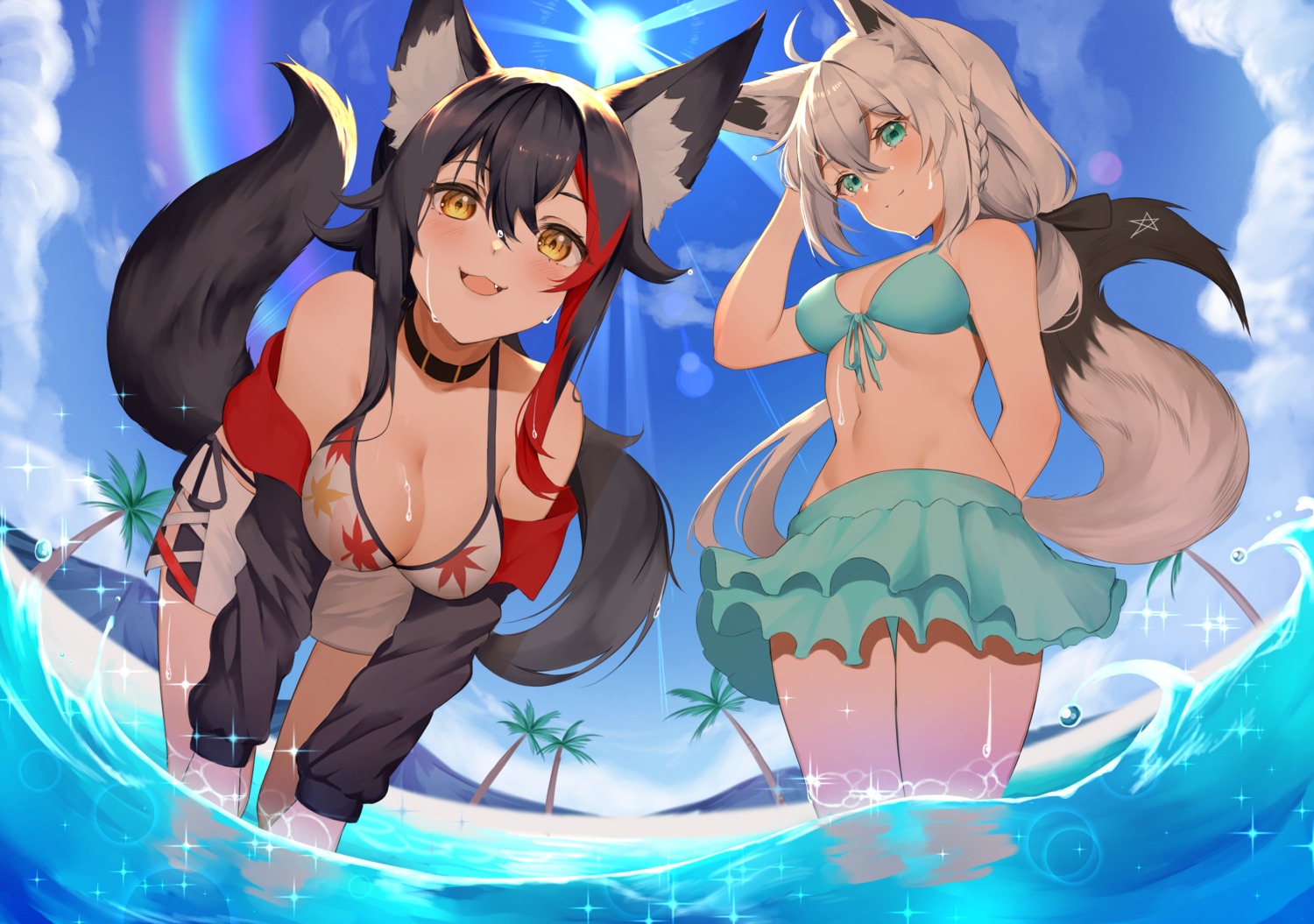 animal_ears bikini cleavage hololive hololive_gamers kitsune ookami_mio shirakami_fubuki swimsuits tail wet yuya_(pixiv37335712)