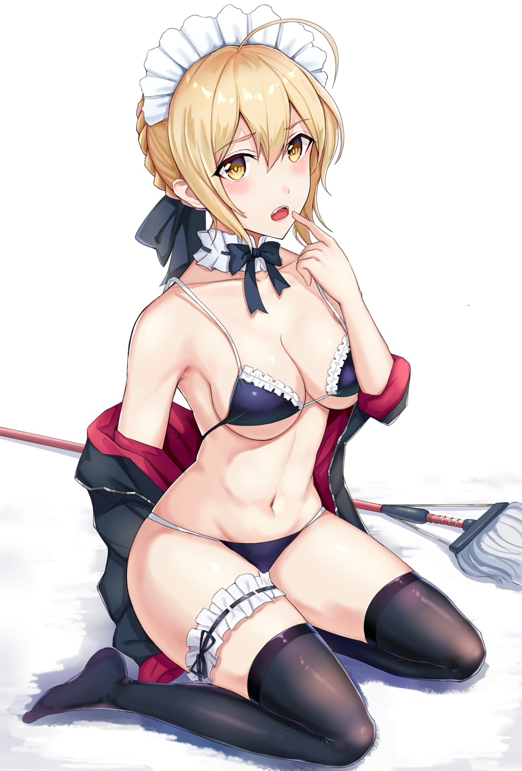 bikini breast_hold fate/grand_order garter maid open_shirt saber saber_alter swimsuits thighhighs yinyu_(nico)