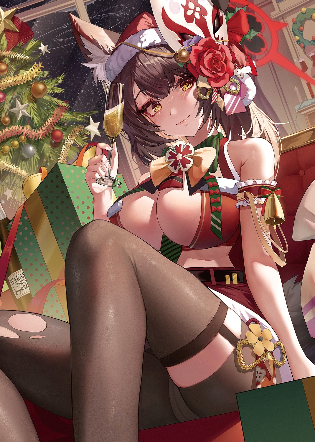 animal_ears blue_archive cameltoe christmas halo josal kitsune kosaka_wakamo no_bra pantsu stockings thighhighs torn_clothes