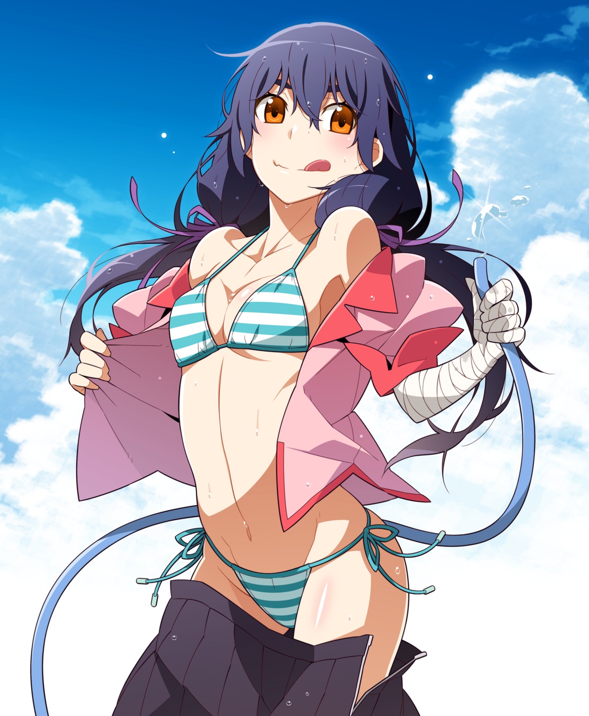 bakemonogatari bandages bikini cleavage kanbaru_suruga monogatari_(series) open_shirt seifuku swimsuits undressing wet wet_clothes yamanami_kousuke