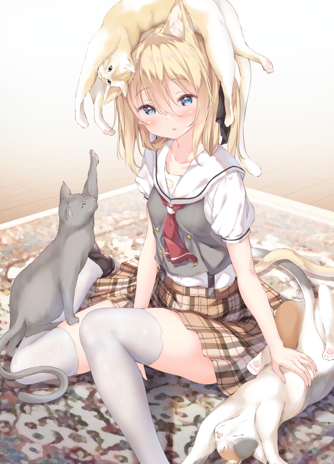 animal_ears neko nekomimi seifuku skirt_lift tail thighhighs ukiwakisen