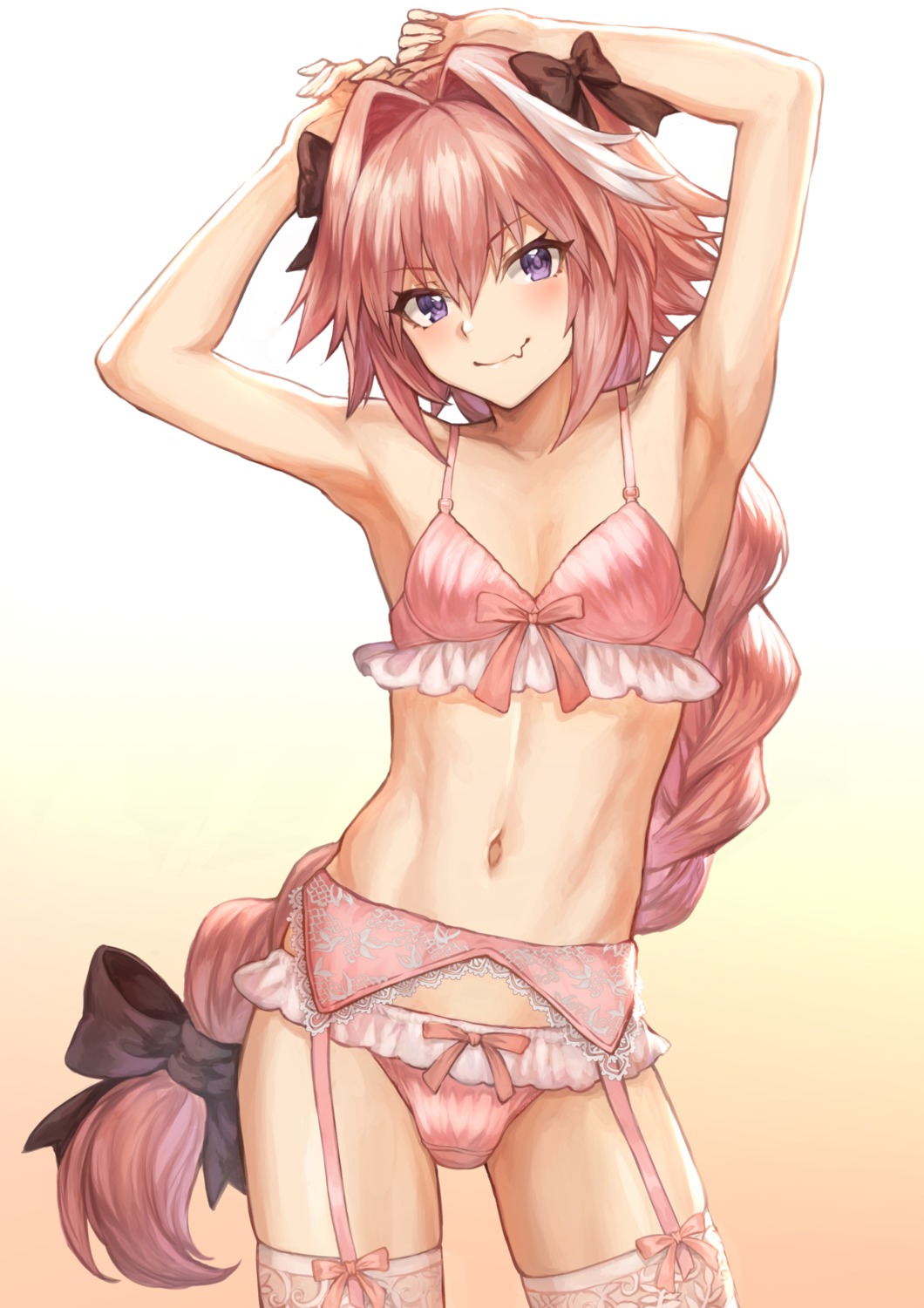 astolfo_(fate) bra fate/grand_order garter_belt mashu_(003) pantsu stockings thighhighs trap