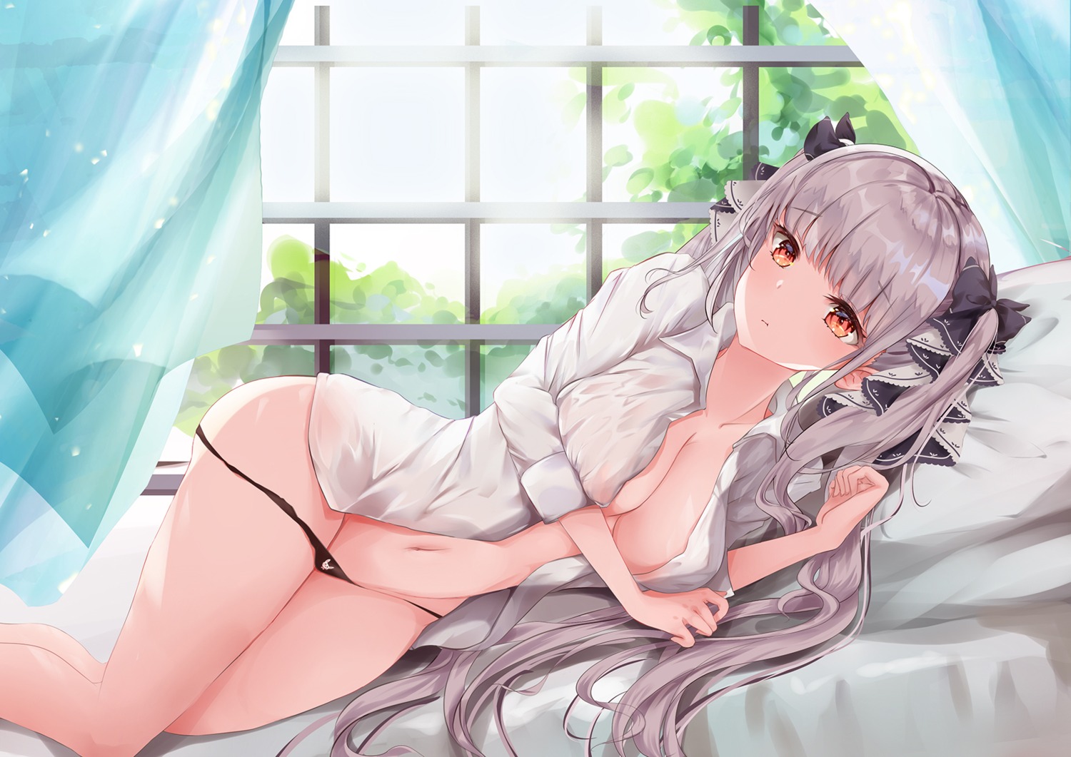 azur_lane dress_shirt formidable_(azur_lane) mutang no_bra open_shirt pantsu panty_pull see_through