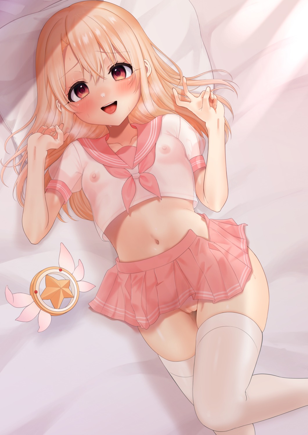 censored fate/kaleid_liner_prisma_illya fate/stay_night illyasviel_von_einzbern loli magical_ruby nipples no_bra nopan pussy pussy_juice see_through seifuku skirt_lift takio_(kani_sama) thighhighs