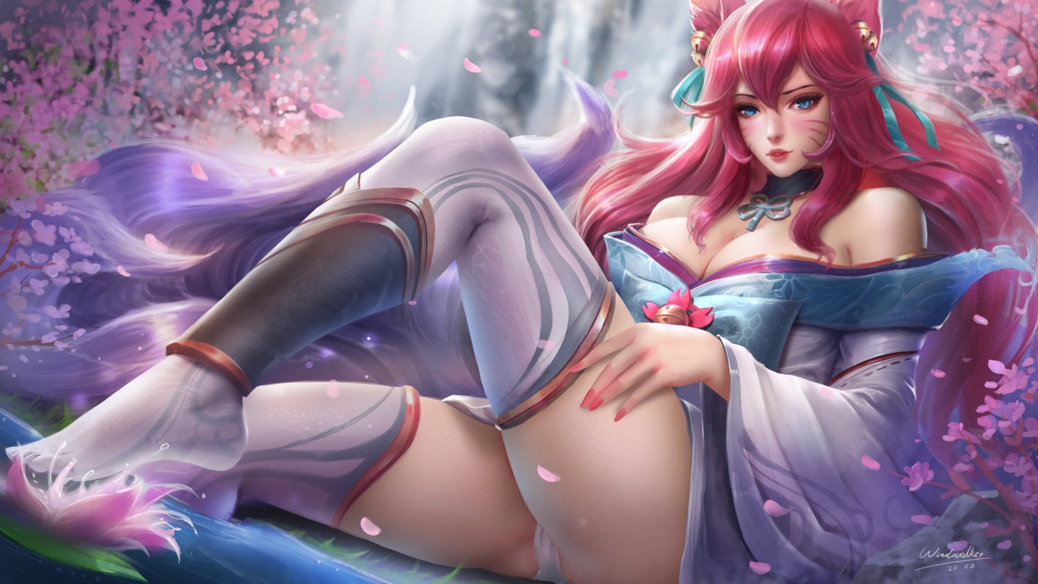 ahri animal_ears cameltoe cleavage feet japanese_clothes kitsune league_of_legends no_bra open_shirt pantsu skirt_lift tail thighhighs windwalker