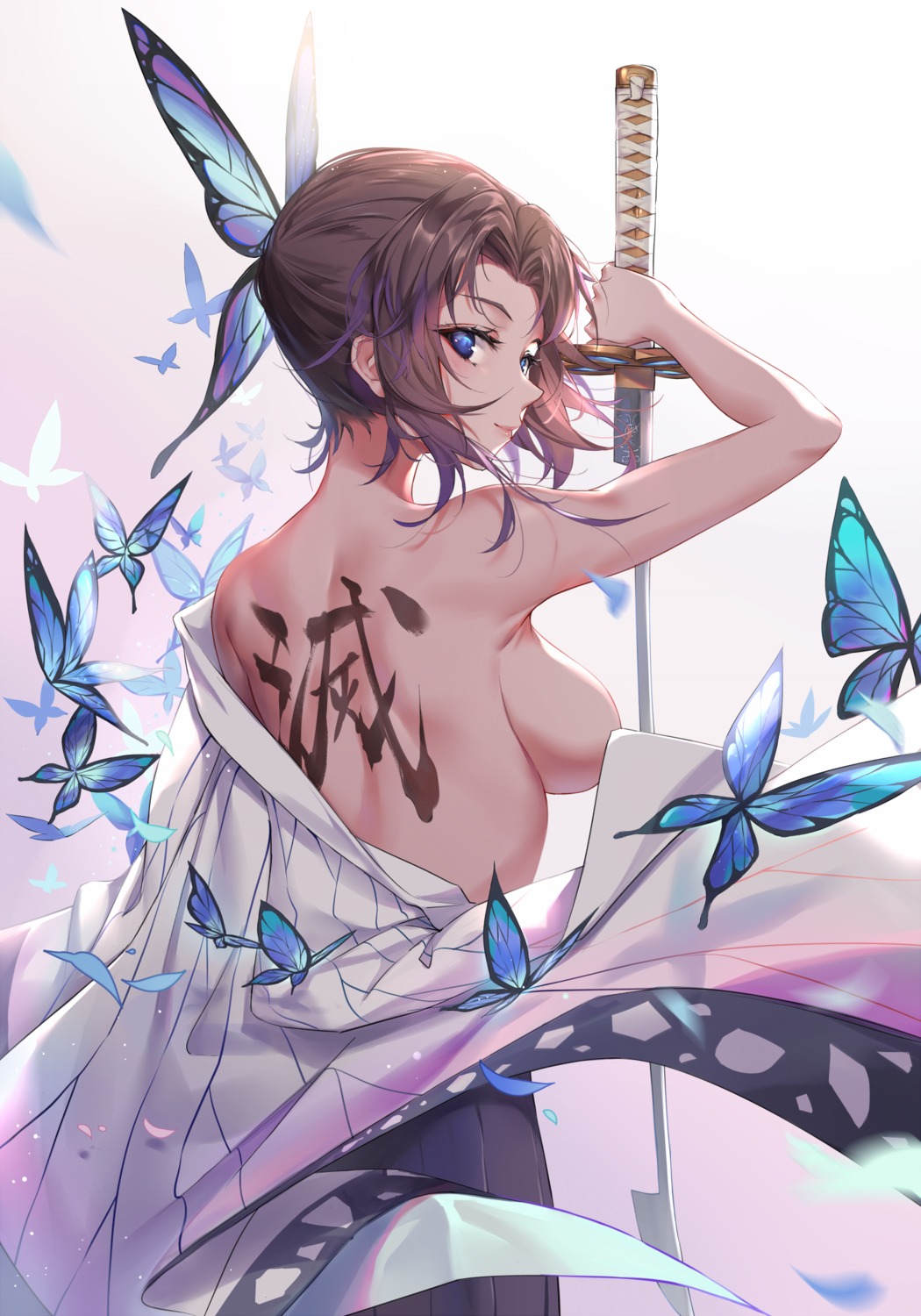 breasts japanese_clothes kimetsu_no_yaiba kochou_shinobu no_bra open_shirt pdxen sword tattoo