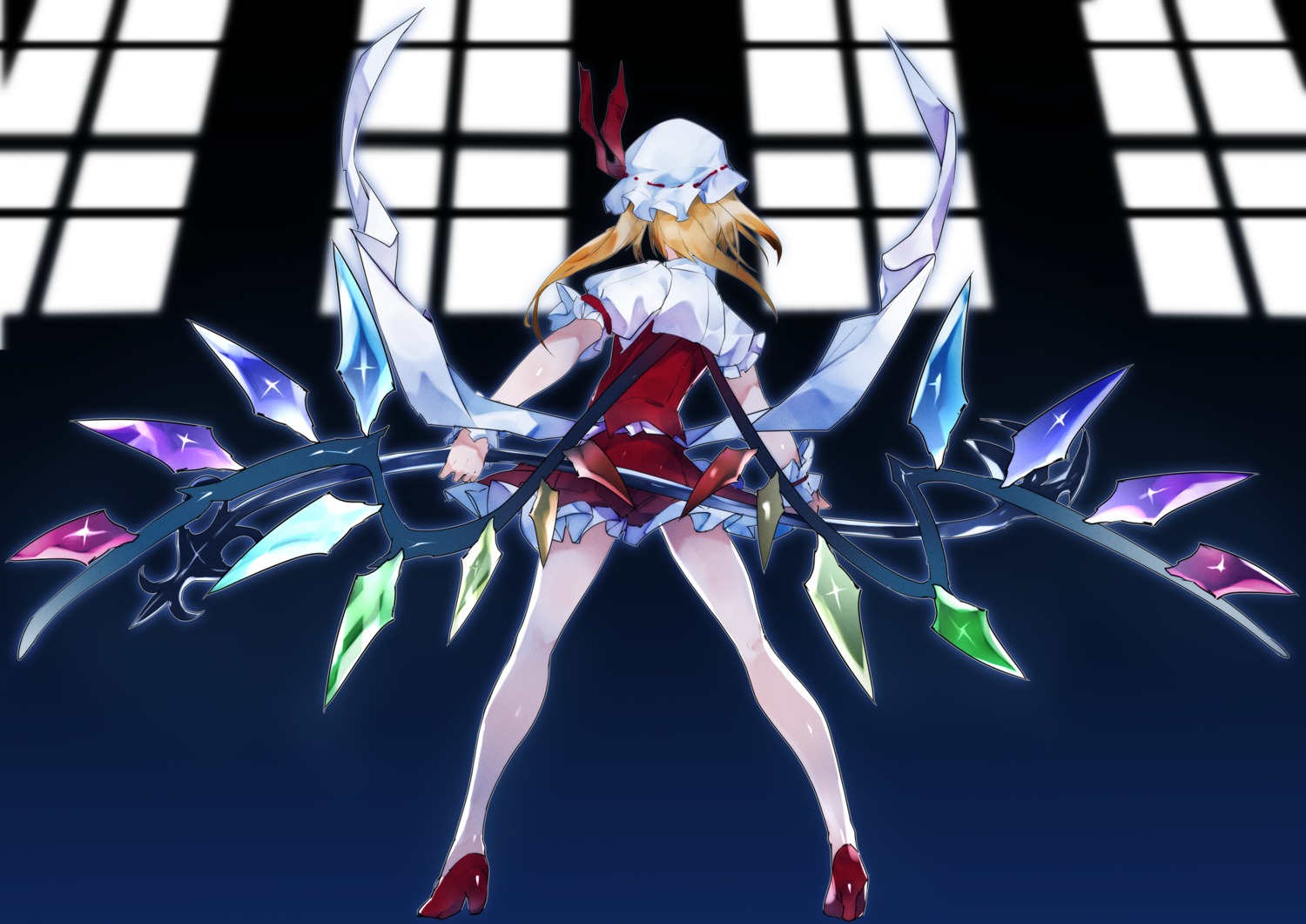 flandre_scarlet heels ikurauni skirt_lift touhou weapon wings