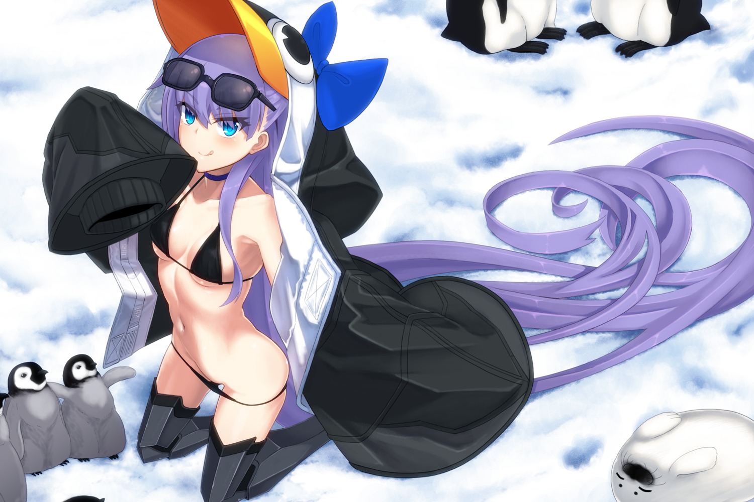 bikini fate/grand_order megane meltryllis open_shirt panty_pull penguin swimsuits thighhighs uiu