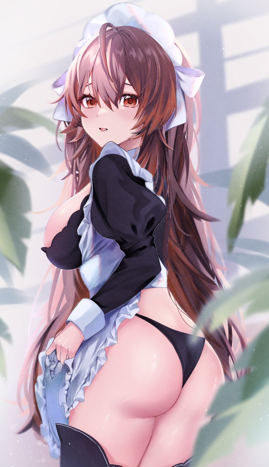 ass maid no_bra omu_rethu_ pantsu skirt_lift thighhighs thong