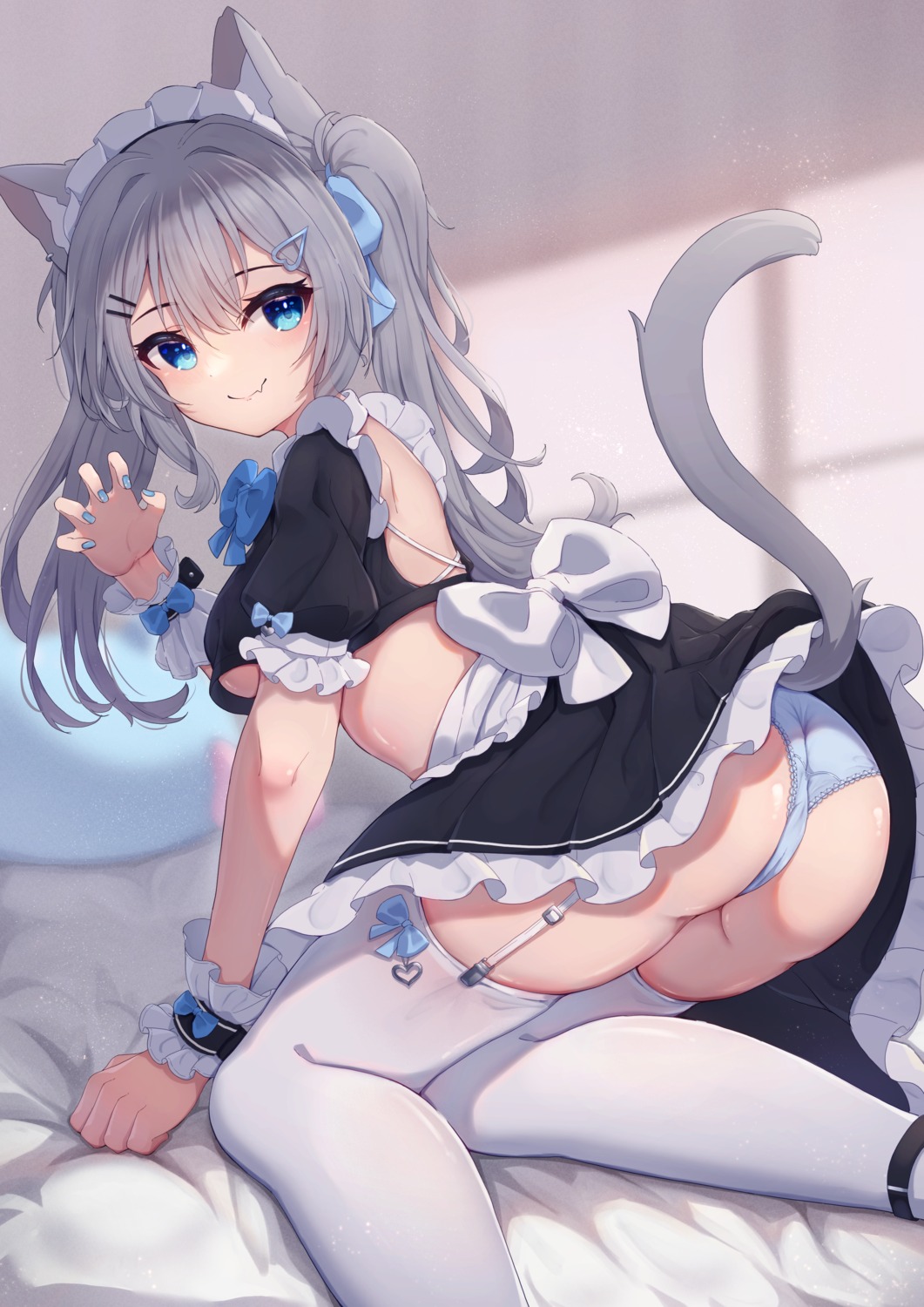 animal_ears ass cameltoe hinata_(pixiv53862745) maid nekomimi no_bra pantsu skirt_lift stockings tail thighhighs thong