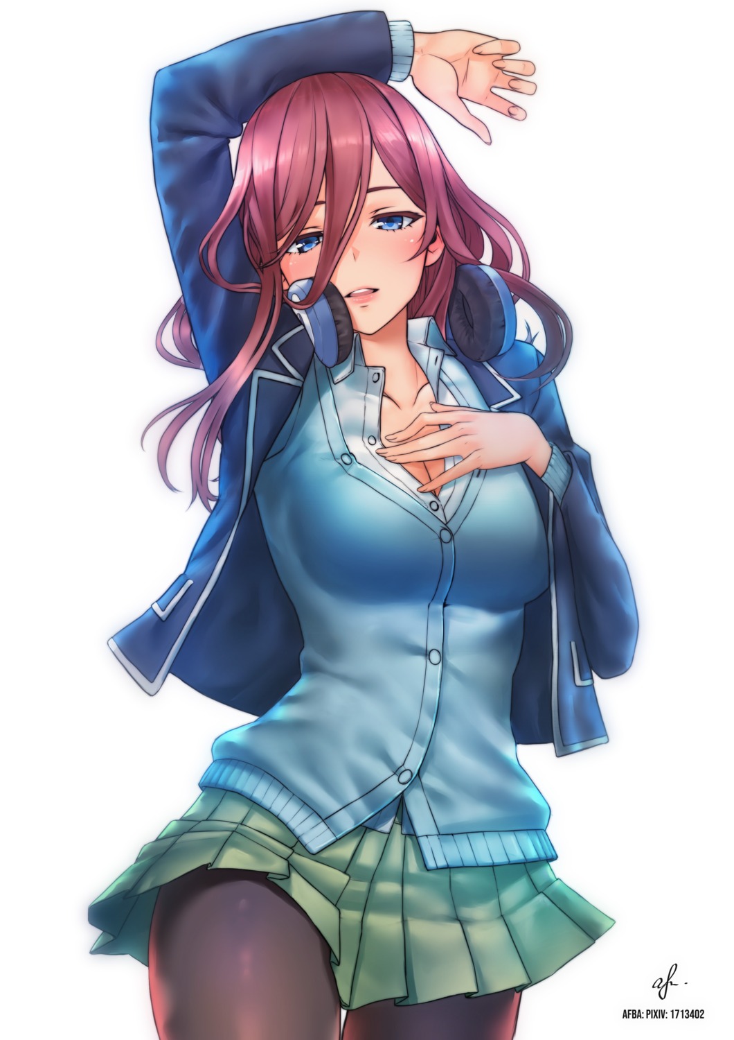 5-toubun_no_hanayome afba breast_hold cleavage headphones nakano_miku pantyhose seifuku sweater