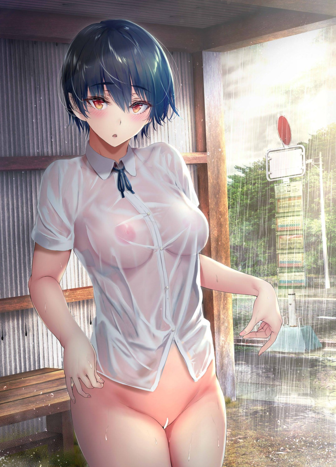 bottomless censored gentsuki nipples no_bra pussy see_through seifuku wet wet_clothes