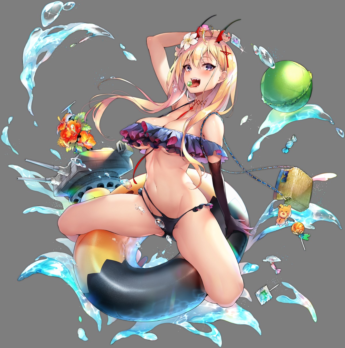 azur_lane bikini horns kumano_(azur_lane) pyon-kti swimsuits transparent_png wet