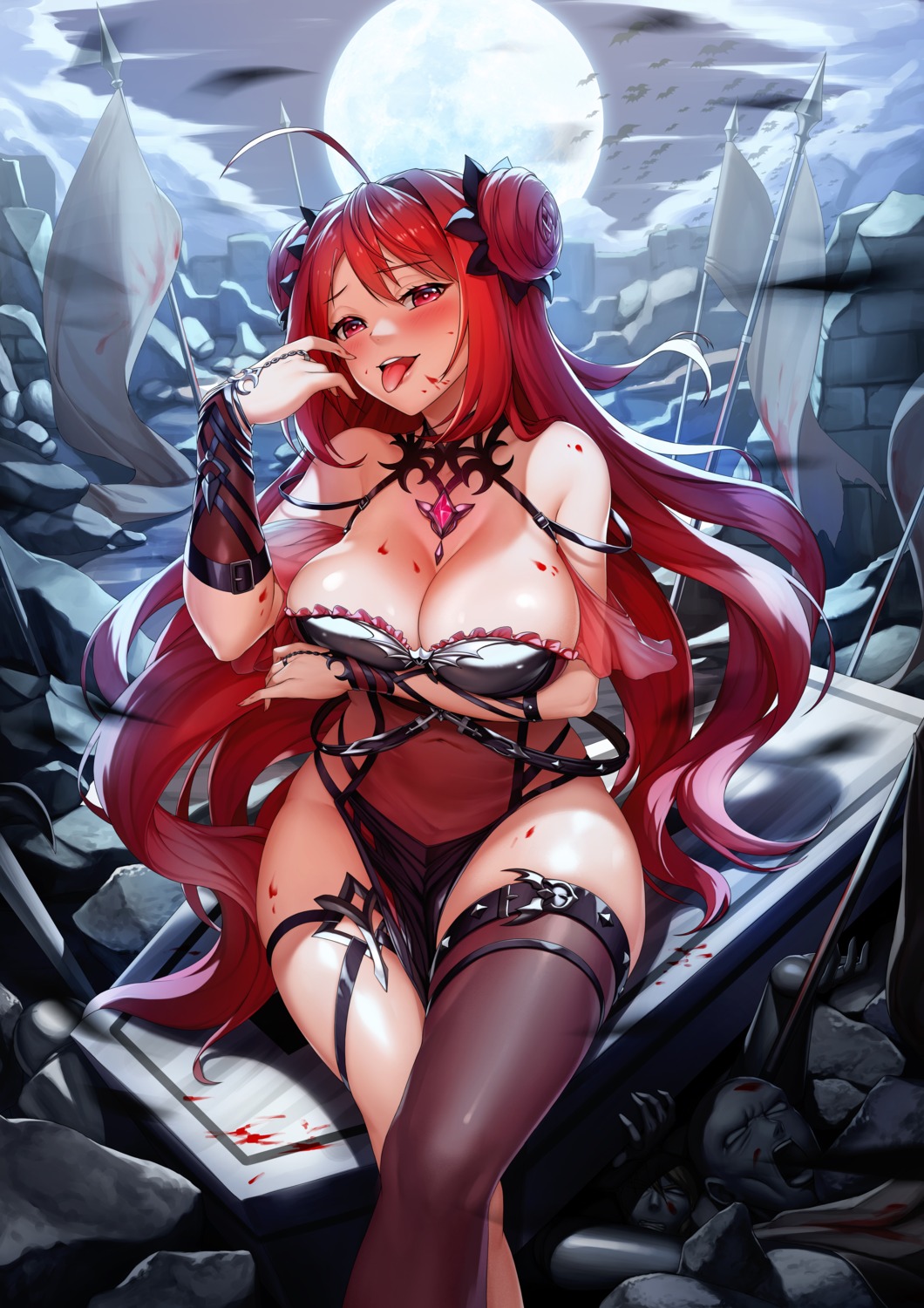 blood breast_hold cleavage erze_(king's_raid) garter jai_(whany1998) king's_raid thighhighs