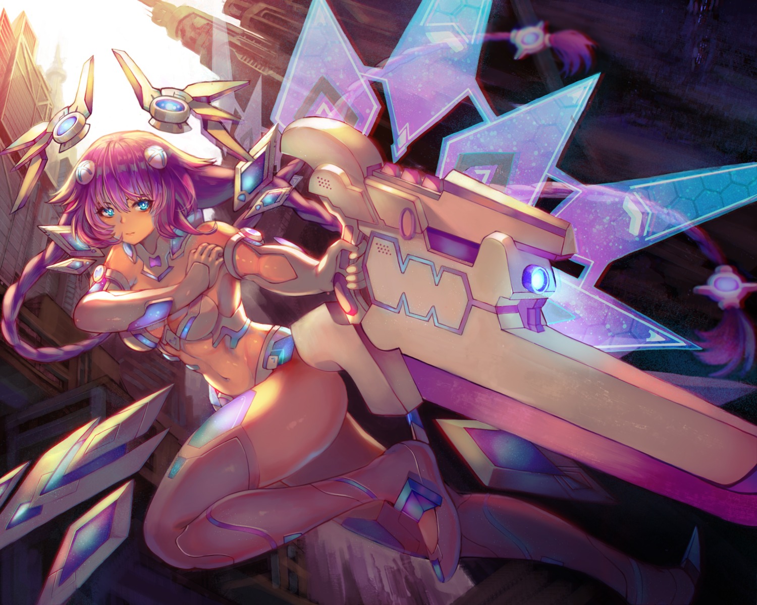 bikini_armor choujigen_game_neptune cleavage purple_heart sxbzero thighhighs weapon