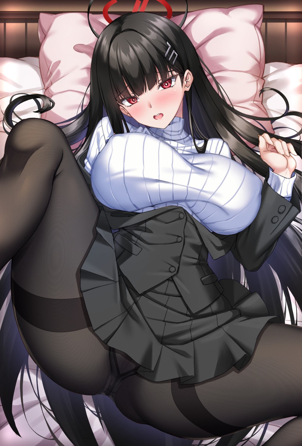 blue_archive business_suit erect_nipples halo merufena pantsu pantyhose skirt_lift sweater thong tsukatsuki_rio