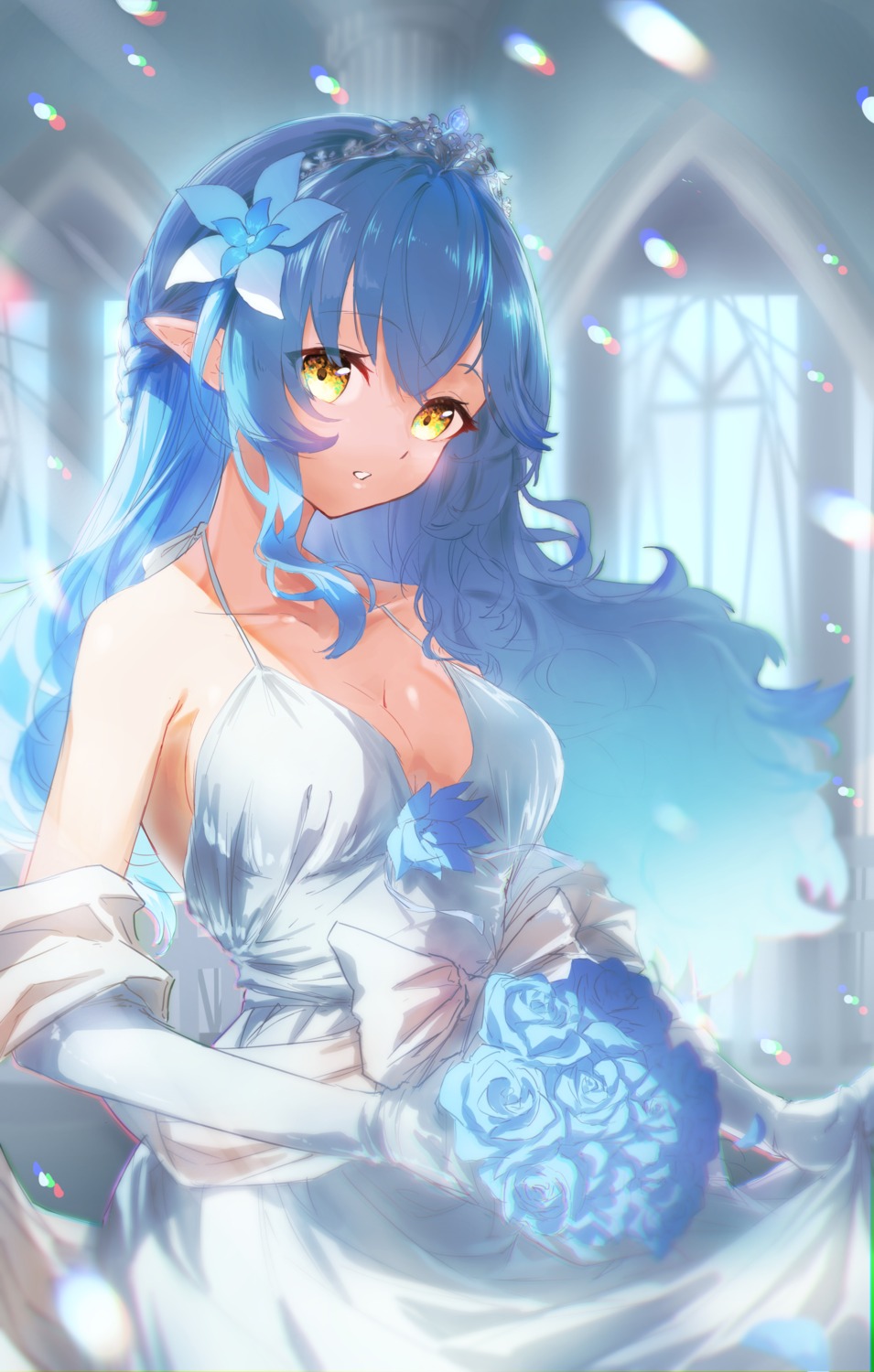 dentaku_music dress hololive no_bra pointy_ears skirt_lift wedding_dress yukihana_lamy