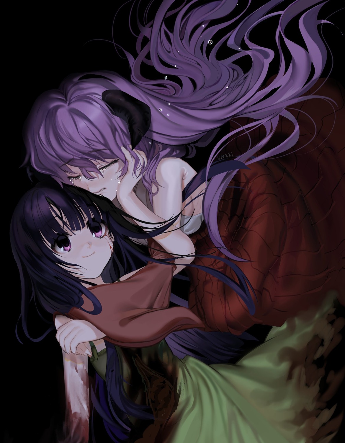 blood dress furude_rika hanyuu higurashi_no_naku_koro_ni horns loli miko unxi yuri