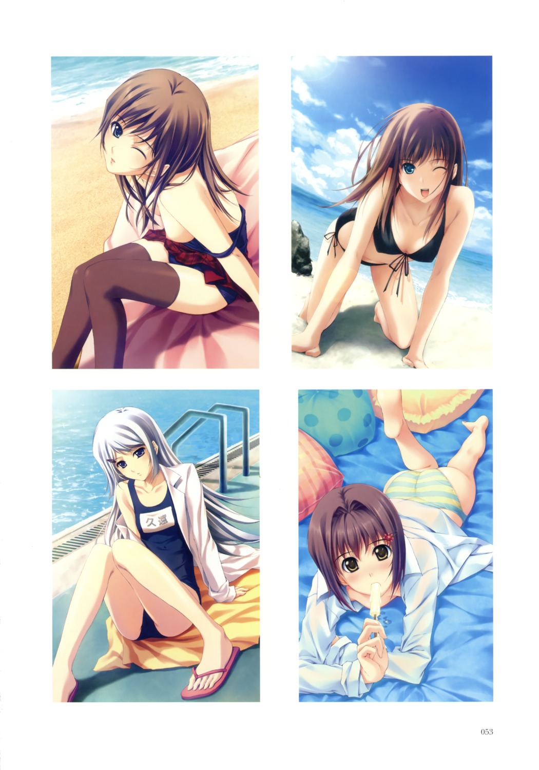 ass bikini breasts cleavage dress_shirt erect_nipples innocent_grey kudou_yuzuha mikanagi_qwon nipples no_bra open_shirt pantsu pianissimo school_swimsuit shimapan shirakawa_ayane sugina_miki swimsuits thighhighs