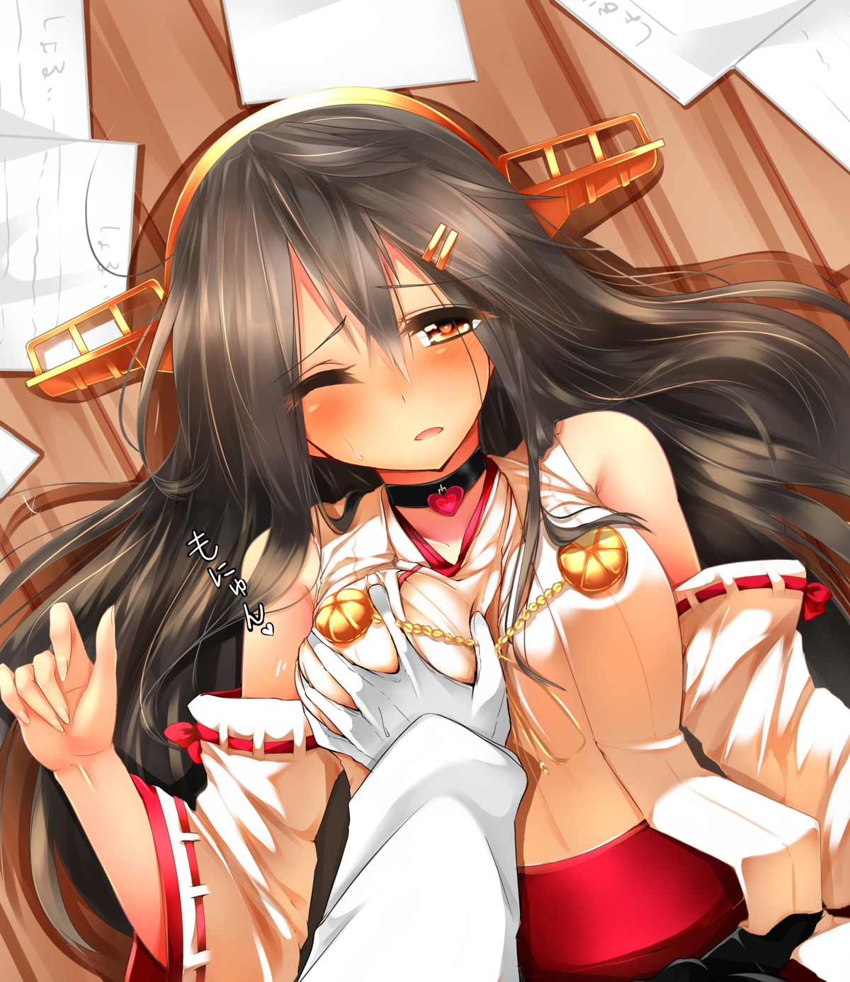 breast_grab haruna_(kancolle) japanese_clothes kantai_collection miko tsukui_kachou